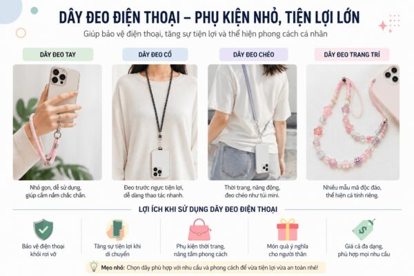 Khám phá các mẫu dây đeo điện thoại thời trang, tiện lợi và an toàn. Phù hợp đi học, đi chơi, làm việc với nhiều kiểu dây đeo tay, dây đeo cổ và dây đeo chéo hiện đại.
