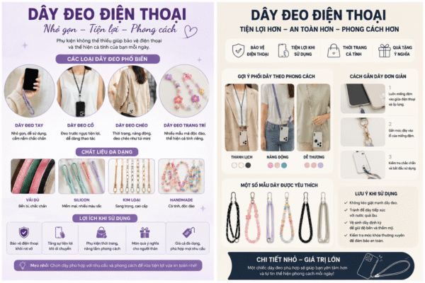 Khám phá các mẫu dây đeo điện thoại đẹp và tiện dụng gồm dây đeo tay, dây đeo cổ, dây đeo chéo và dây trang trí. Phụ kiện giúp bảo vệ điện thoại, chống rơi, dễ mang theo và tạo điểm nhấn phong cách cá nhân.